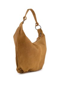 Honigfarbene, gewebte Hobo-Tasche mit einem einzelnen Tragegurt und silbernem Zubehör. Strukturierte Oberfläche und runde Form, ausgestattet mit einem Reißverschlussverschluss.