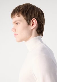 Pull à col roulé beige clair au design ajusté. Il présente une texture lisse, un col côtelé et des détails de couture subtils le long de l'épaule.
