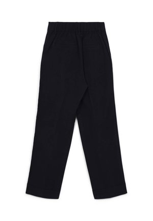 Pantalon noir avec une ceinture élastique, deux poches latérales, coupe droite et ourlet retroussé. Confectionné dans un tissu léger et respirant.