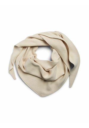 Écharpe triangulaire beige en tricot, pliée, avec une texture douce, présentée sur un fond blanc.