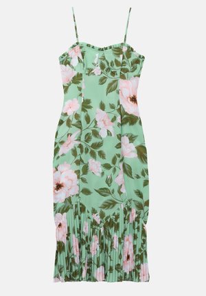 Žalias gėlių suknelė su rožinėmis gėlėmis ir žaliais lapais. Spagetti tipo petnešėlės, plisuota apatinė dalis ir prigludusi liemens konstrukcija. Minkštas audinio paviršius.