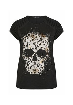 Black short-sleeve shirt with cut-out details on shoulders and a large distressed skull graphic with leopard print accents on the front.