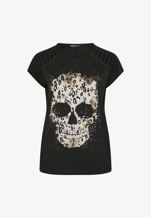 Camiseta negra de manga corta con detalles recortados en los hombros y un gran gráfico desgastado de calavera con acentos de estampado de leopardo en el frente.