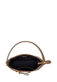 Borsa a tracolla in pelle marrone con chiusura zip superiore, singolo manico, interno in tessuto nero, dotata diUna tasca con zip e un compartimento aperto.