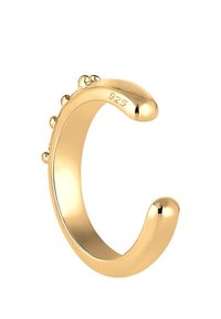 Anillo ajustable en tono dorado con un acabado suave, diseño abierto y pequeñas cuentas decorativas a lo largo de un lado. Marcado con "925" para plata esterlina.