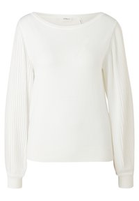 Pull blanc à manches longues avec un corps lisse, présentant des manches texturées côtelées et un large col rond. Tissu en maille douce.