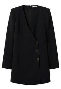 Schwarzer maßgeschneiderter Blazer mit V-Ausschnitt, langen Ärmeln und doppelten Knöpfen. Hergestellt aus glattem Stoff, verfügt über einen versteckten Reißverschluss auf der Rückseite.