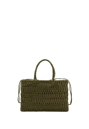 Sac à main rectangulaire en osier vert olive avec deux poignées tressées et ouverture supérieure, présentant un motif texturé entrelacé.