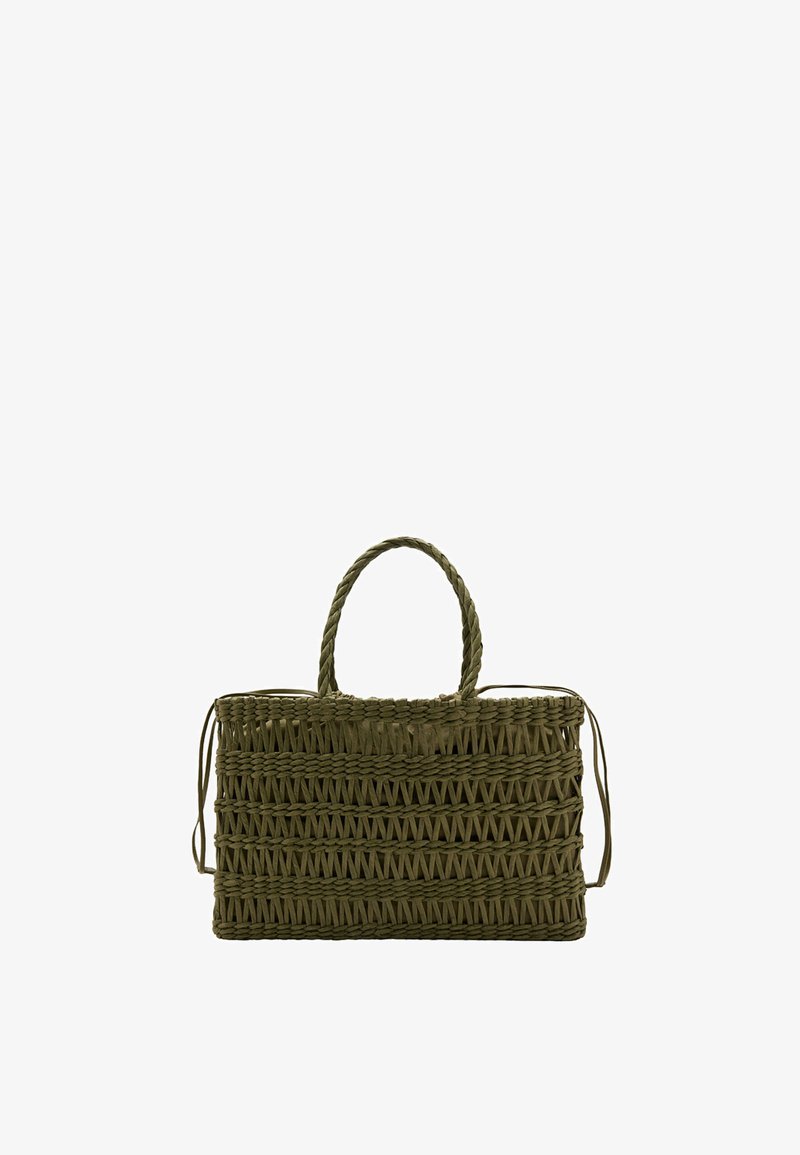 Sac à main rectangulaire en osier vert olive avec deux poignées tressées et ouverture supérieure, présentant un motif texturé entrelacé.