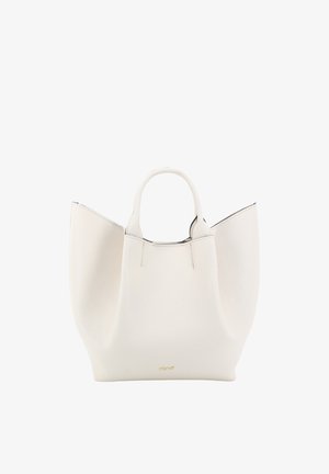 White leather tote bag with a soft, textured finish, featuring dual rounded handles and a distinctive open-top design. Gold branding accent.