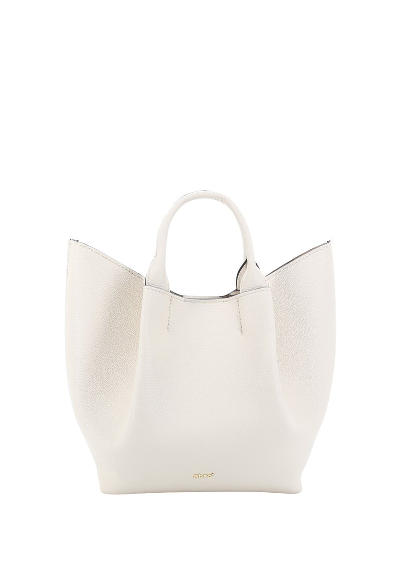 Borsa a tracolla in pelle bianca con una finitura morbida e testurizzata, caratterizzata da doppi manici arrotondati e un design distintivo a bordo aperto. Accentata con un logo dorato.