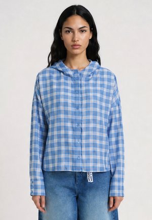 Woman wearing blue and white checkered button-up shirt with long sleeves and collar, paired with blue denim jeans.