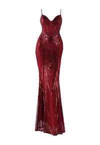 Rotes Pailletten-Abendkleid mit enganliegendem Design, Spaghetti-Trägern und transparentem Stoffüberzug, mit einer Meerjungfrau-Silhouette und raffiniertem Muster.