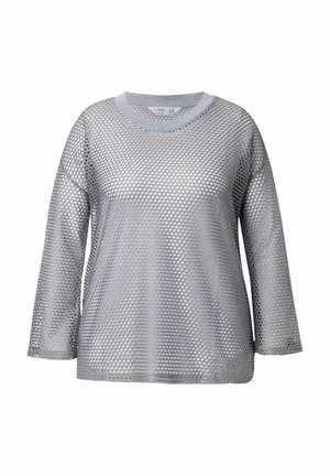 Zilveren mesh langharig T-shirt met een ronde halslijn. Heeft een uniek honingraatpatroon en geribde manchetten. Lichtgewicht en ademend materiaal.