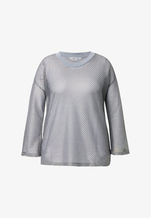 Top long à manches longues en maille argentée avec un col rond. Présente un motif en nid d'abeille unique et des poignets côtelés. Matière légère et respirante.