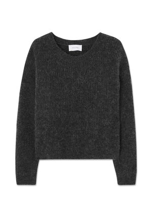 Tumehall pika varrukaga kudumitega kampsun, millel on ümar kaelus ja soonilised mansetid, valgel taustal eksponeeritud.