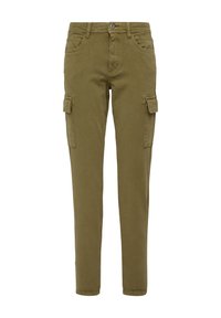 Khaki cargobroek met een rechte snit, voorzien van twee zijflapzakken, een knoopsluiting en een zachte, duurzame stof.