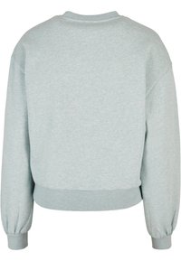 Sweat-shirt gris clair à col rond avec manches longues bouffantes et poignets et ourlet côtelés, vu de dos.