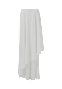 Witte asymmetrische rok van lichtgewicht stof, met een gelaagd ontwerp en zachte textuur, een vloeiende silhouet en een elastische tailleband.