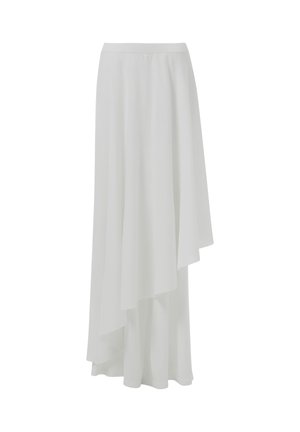 Witte asymmetrische rok van lichtgewicht stof, met een gelaagd ontwerp en zachte textuur, een vloeiende silhouet en een elastische tailleband.