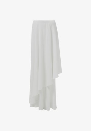 White asymmetrical skirt made from lightweight fabric, featuring layered design and soft texture, with a flowing silhouette and elastic waistband.