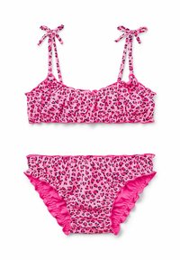 Bikini-Set im pinken Leopardenprint mit Rüschenkanten, verstellbaren Bindebändern und weichem, dehnbarem Stoff für optimalen Komfort.