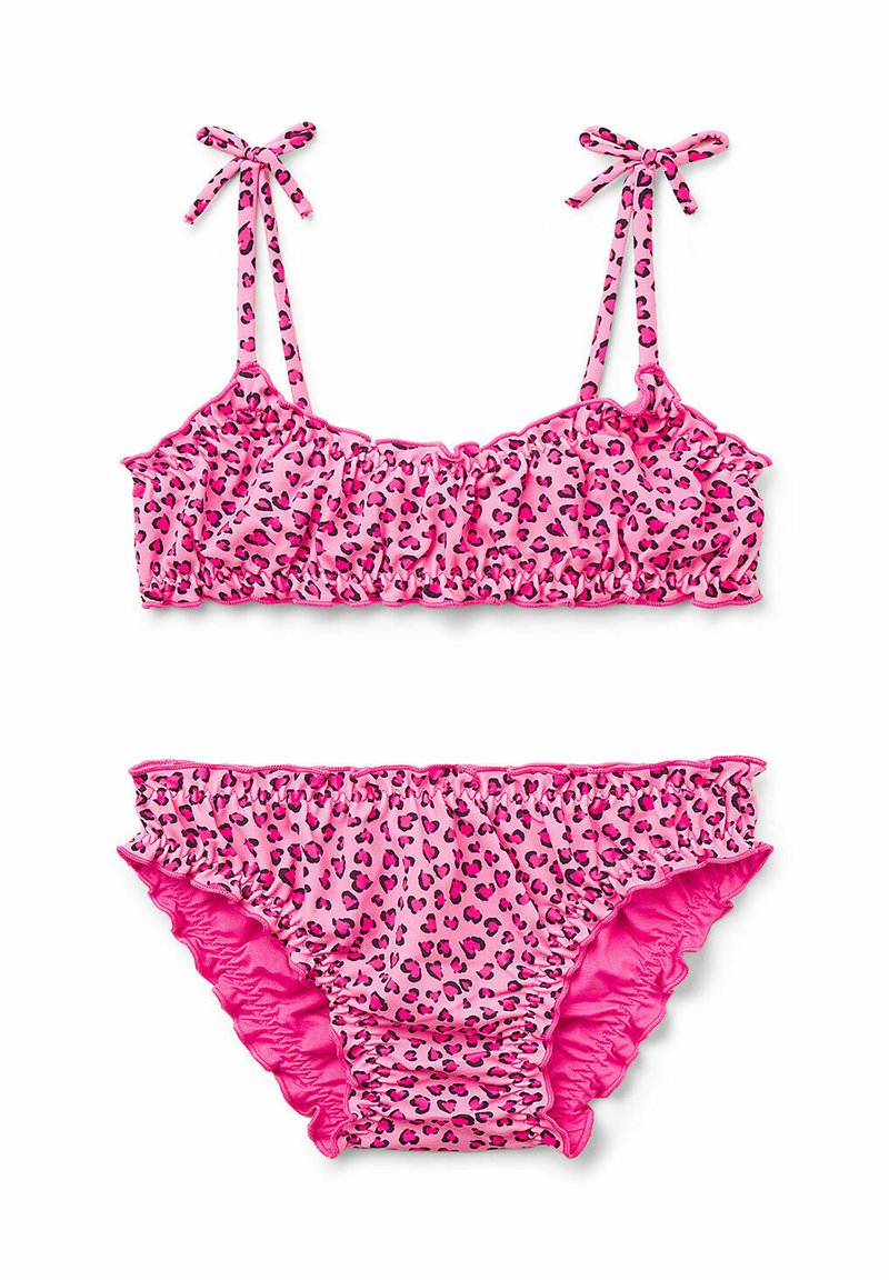Bikini-Set im pinken Leopardenprint mit Rüschenkanten, verstellbaren Bindebändern und weichem, dehnbarem Stoff für optimalen Komfort.