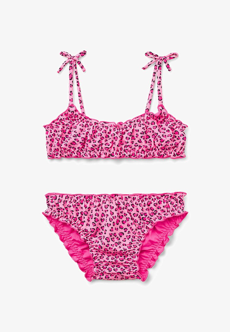 Costume da bagno a due pezzi con stampa leopardata rosa, caratterizzato da bordi arricciati, spalline regolabili e un tessuto morbido e elasticizzato per il massimo comfort.