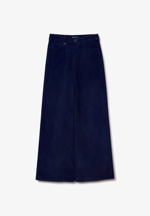 Pantaloni in corduroy blu navy a gamba larga con una texture liscia, dotati di chiusura con bottone e cinque tasche. Il design include un taglio dritto e linee pulite.