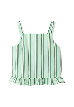Haut sans manches vert clair à rayures avec ourlet à volants et bretelles élastiques, avec des rayures verticales vert foncé et blanc.