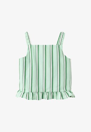 Haut sans manches vert clair à rayures avec ourlet à volants et bretelles élastiques, avec des rayures verticales vert foncé et blanc.