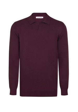 Maglione pullover bordeaux realizzato in tessuto morbido, con colletto polo, maniche lunghe e polsini e orlo a coste. Design semplice, senza motivi.