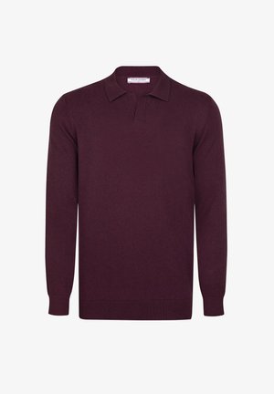 Burgundowy sweter z długim rękawem, wykonany z miękkiego materiału, z kołnierzykiem polo, długimi rękawami oraz prążkowanymi mankietami i dołem. Prosty design, bez wzorów.