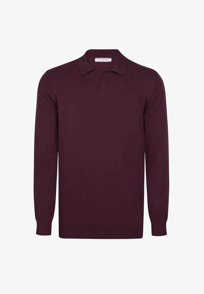 Burgundowy sweter z długim rękawem, wykonany z miękkiego materiału, z kołnierzykiem polo, długimi rękawami oraz prążkowanymi mankietami i dołem. Prosty design, bez wzorów.