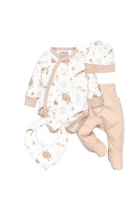 Four-piece baby set: cotton onesie with seashell print, beige pants, matching hat, and a bib with a similar pattern. Soft textures, long sleeves.