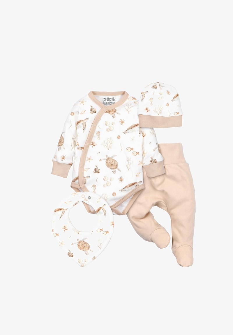 Four-piece baby set: cotton onesie with seashell print, beige pants, matching hat, and a bib with a similar pattern. Soft textures, long sleeves.