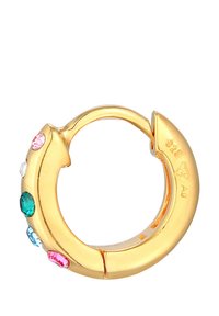Guld hoop ørering med farverige sten: pink, grøn, blå og klar. Glat, cirkulært design med en blød overflade. Markerede 925.