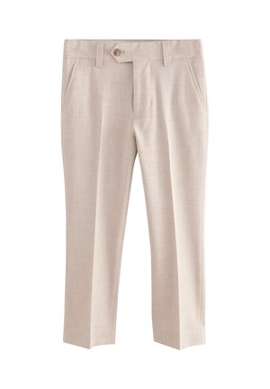 Pantalon beige sur mesure avec poches latérales, fermeture à boutons devant, passants pour ceinture et tissu lisse légèrement texturé.