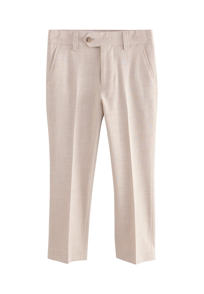Pantalon beige sur mesure avec poches latérales, fermeture à boutons devant, passants pour ceinture et tissu lisse légèrement texturé.
