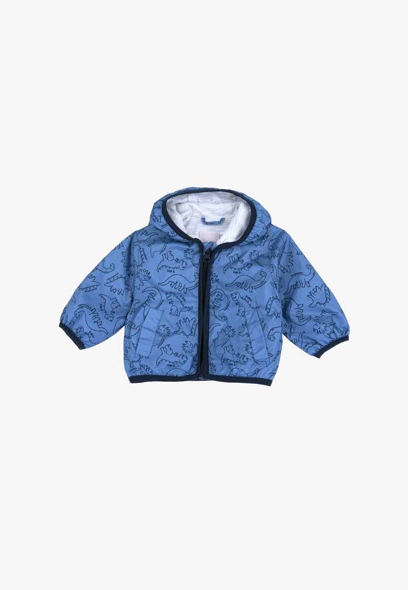 Chaqueta con capucha azul de cremallera, hecha de material ligero con patrones de dinosaurios negros. Cuenta con puños elásticos y un forro interior suave.