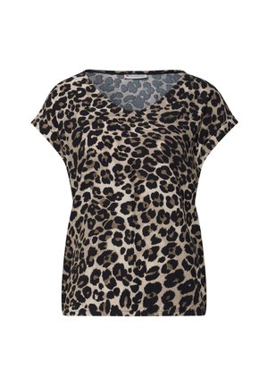 Kortærmet V-hals top med beige, brun og sort leopardmønster.