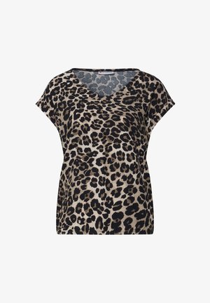 Top de manga corta con escote en V y un patrón de leopardo en beige, marrón y negro.