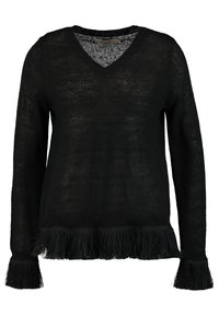 Černý pletený svetr s V-výstřihem, dlouhými rukávy a třásněmi na manžetách a spodním lemu. Měkká textura s volným střihem.