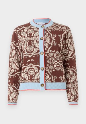 Brown cardigan with white paisley pattern, light blue trim, and red accents. Features five buttons and ribbed cuffs and hem.