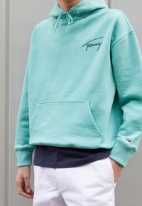 Sudadera verde menta con bolsillo tipo canguro, capucha con cordón y logotipo bordado. Presenta puños acanalados y un pequeño acento de marca en la manga.
