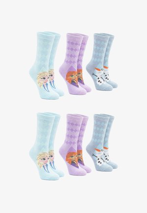 Trois paires de chaussettes hautes jusqu'aux genoux avec des personnages de Frozen : bleu clair avec Elsa, violet avec Anna, et gris-bleu avec Olaf.