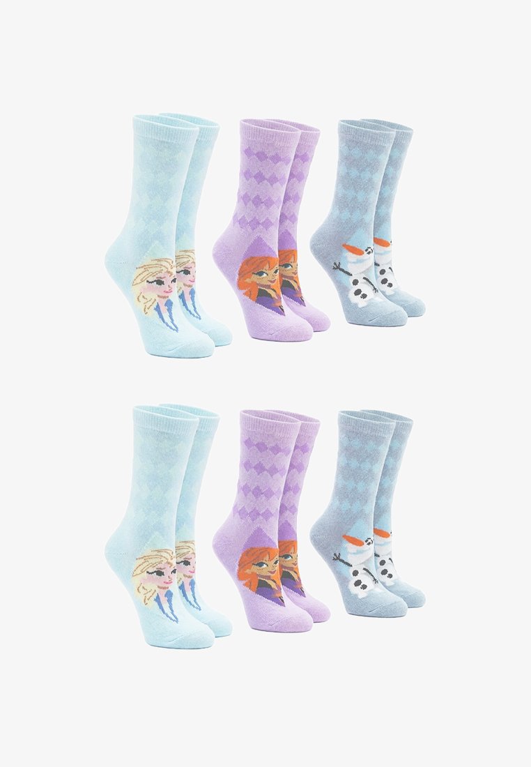 Drei Paar knielange Socken mit Figuren aus Frozen: hellblau mit Elsa, lila mit Anna und grau-blau mit Olaf.