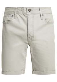 Pantalones cortos de algodón gris claro con dobladillo doblado, bolsillos frontales y detalles de metal en contraste en la cinturilla y bolsillos.