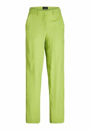 Pantaloni in lino di colore verde brillante, con taglio dritto e pieghe frontali. La vita è dotata di passanti per cintura. Texture liscia senza motivi visibili.