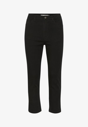Pantalon noir ajusté avec bouton sur le devant, poches et taille mi-haute, présenté sur fond blanc.